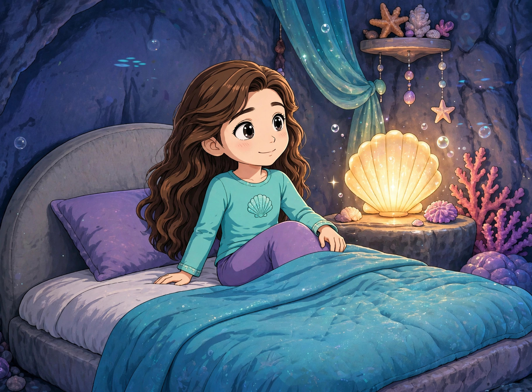 The same Drawtopia book page in anime style: a child in her underwater bedroom beside a glowing shell lamp