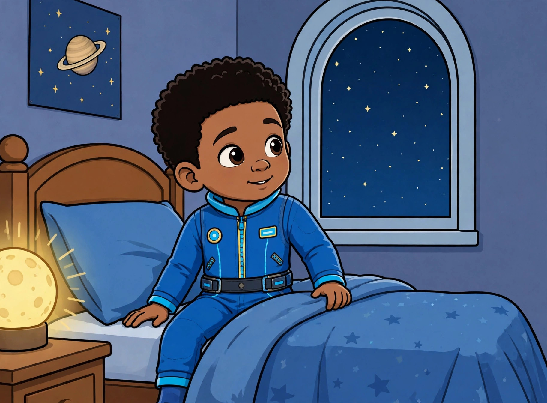 The same Drawtopia book page in cartoon style: a child in space pajamas sitting on his bed, gazing at the stars