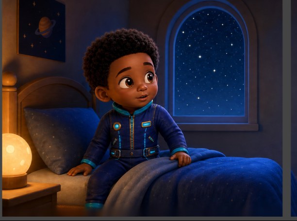 Finished book art from the real Drawtopia book: a child in space pajamas sitting on his bed, gazing at the stars