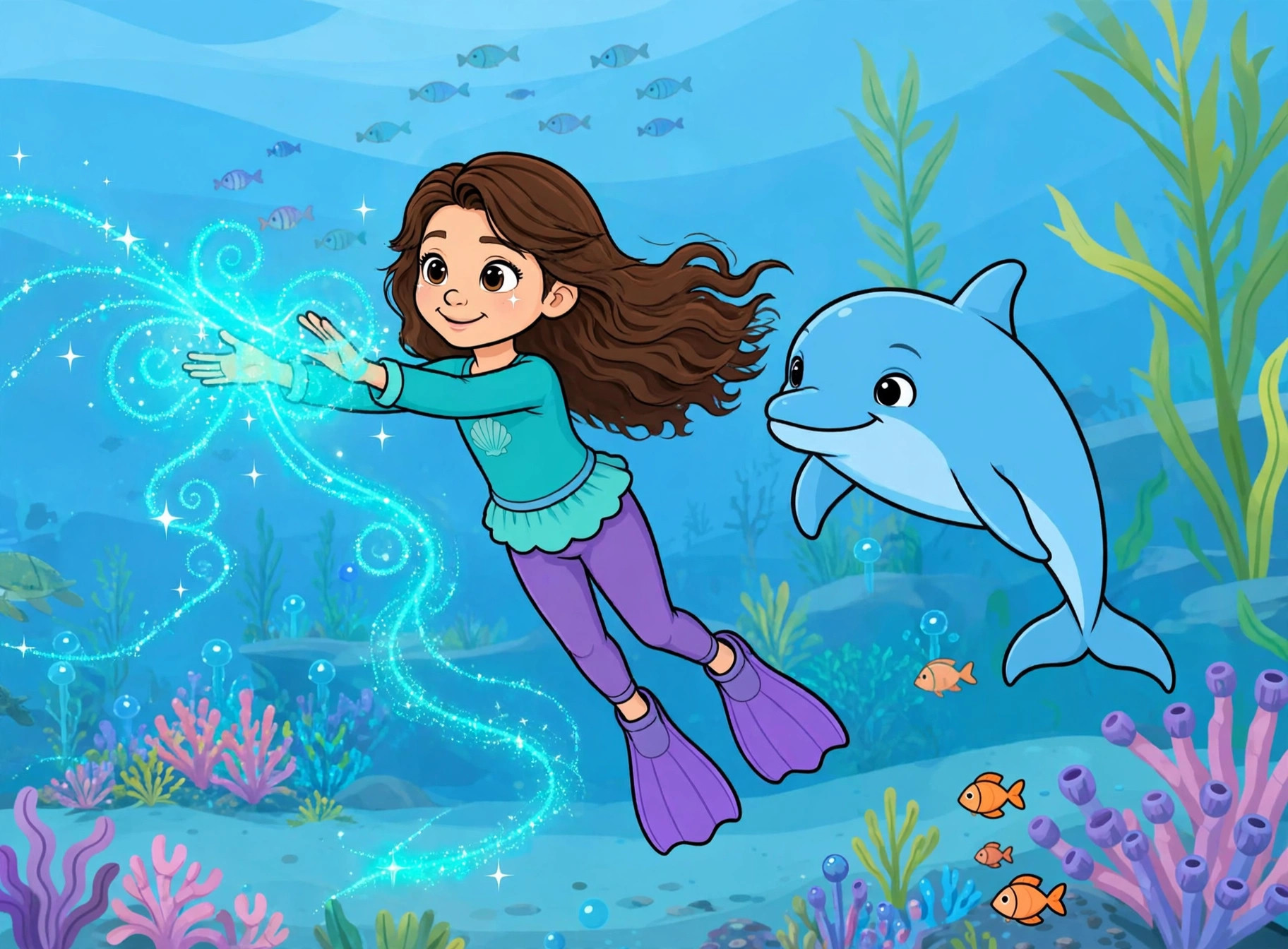 The same Drawtopia book page in cartoon style: a child and Coral the dolphin surrounded by ribbons of ocean light
