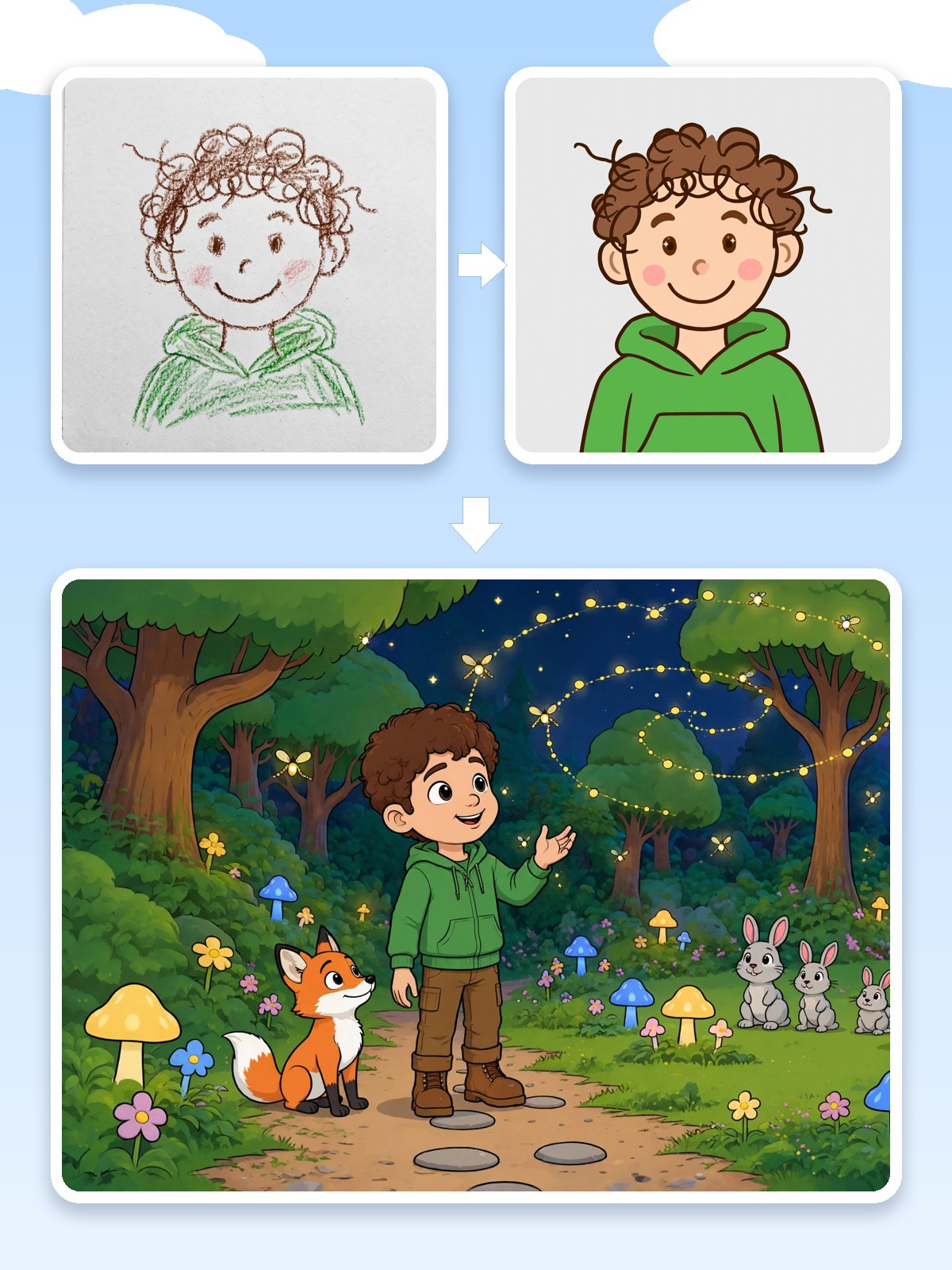 A child's drawing becomes a cartoon hero in the Enchanted Forest
