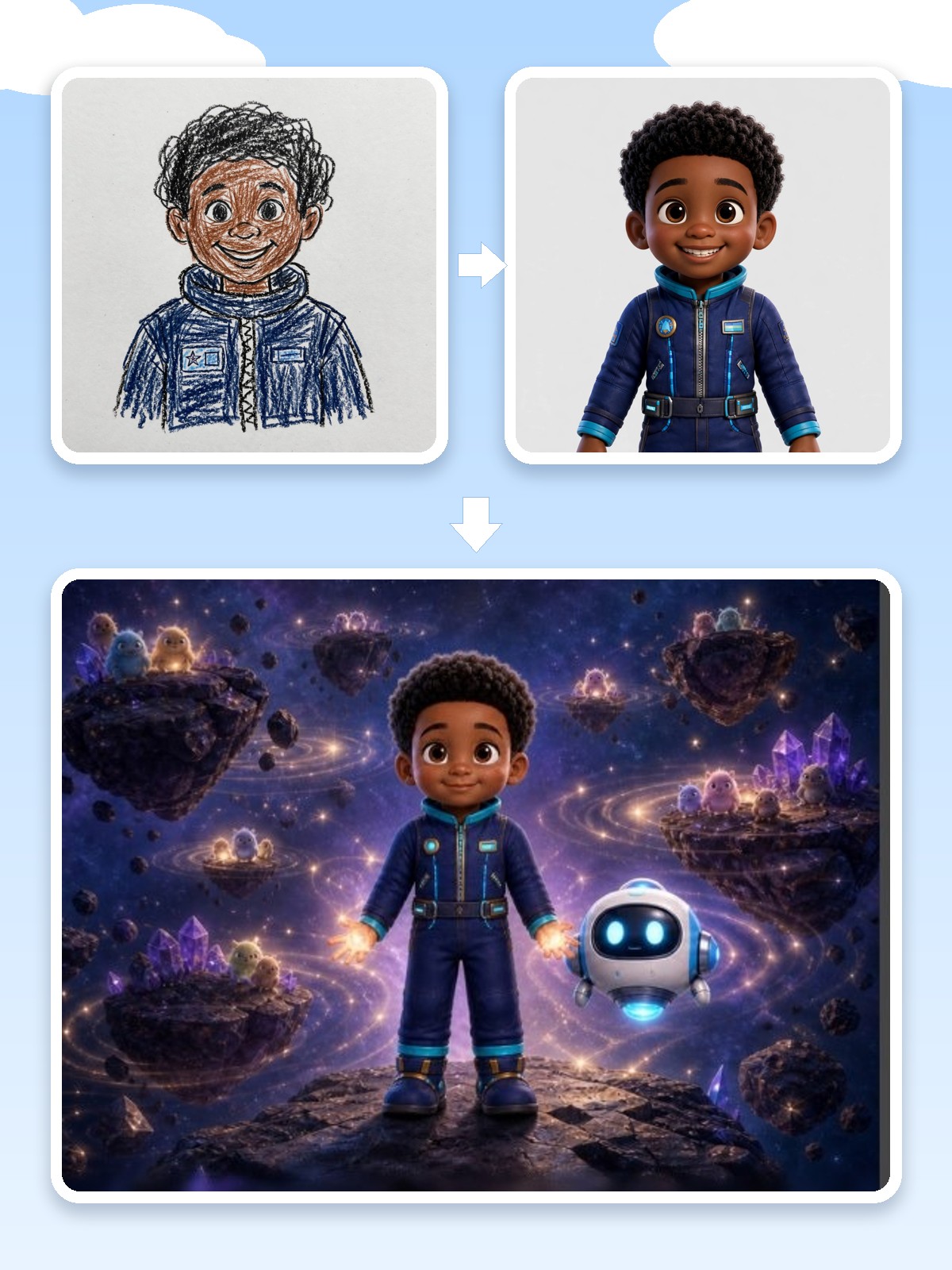 A child's drawing becomes the 3D hero of an Outer Space book